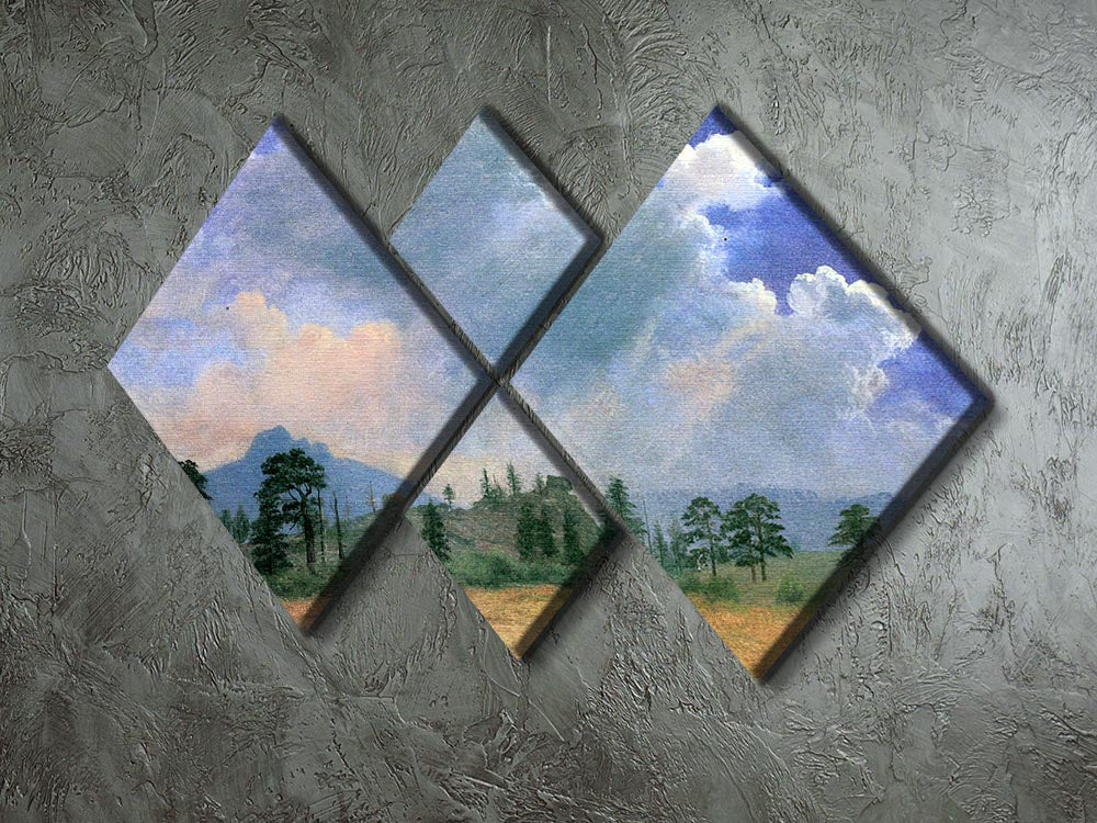 A beautiful 4-square multi-panel canvas artwork depicting fir trees and storm clouds, inspired by Bierstadt's landscape painting.